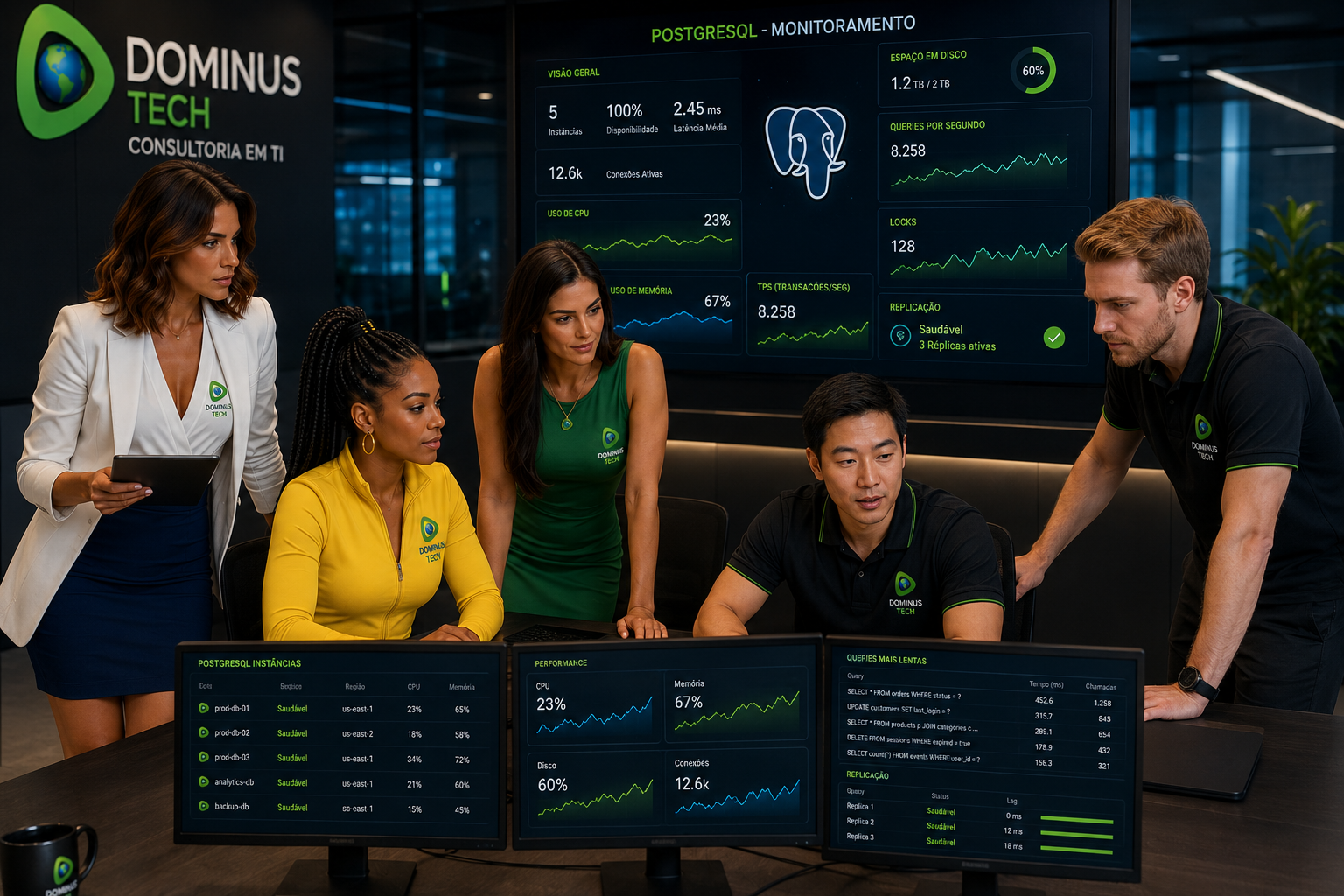 Equipe de TI monitorando PostgreSQL em tempo real com dashboards de performance e replicação