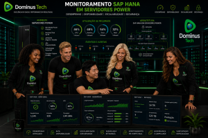 Equipe da Dominus Tech monitorando ambiente SAP HANA em servidores Power com dashboards de desempenho, disponibilidade e infraestrutura corporativa crítica.
