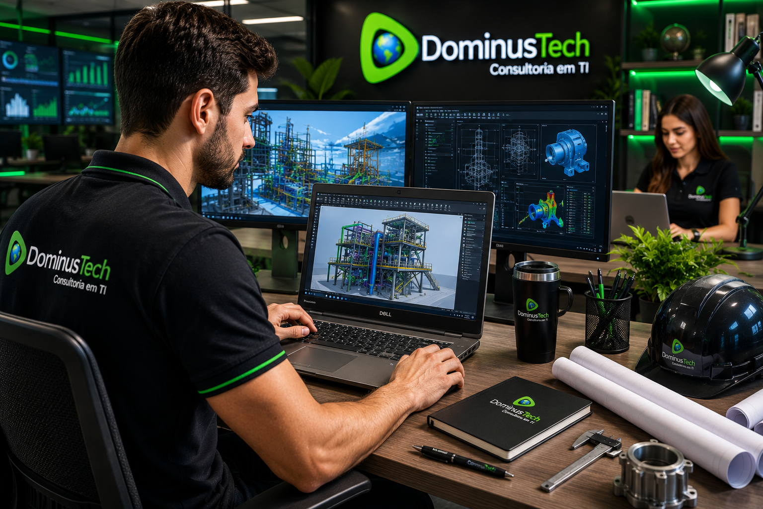 Profissional de engenharia utilizando notebook workstation para modelagem 3D, CAD, simulações computacionais e análise de projetos complexos em ambiente corporativo moderno da Dominus Tech.