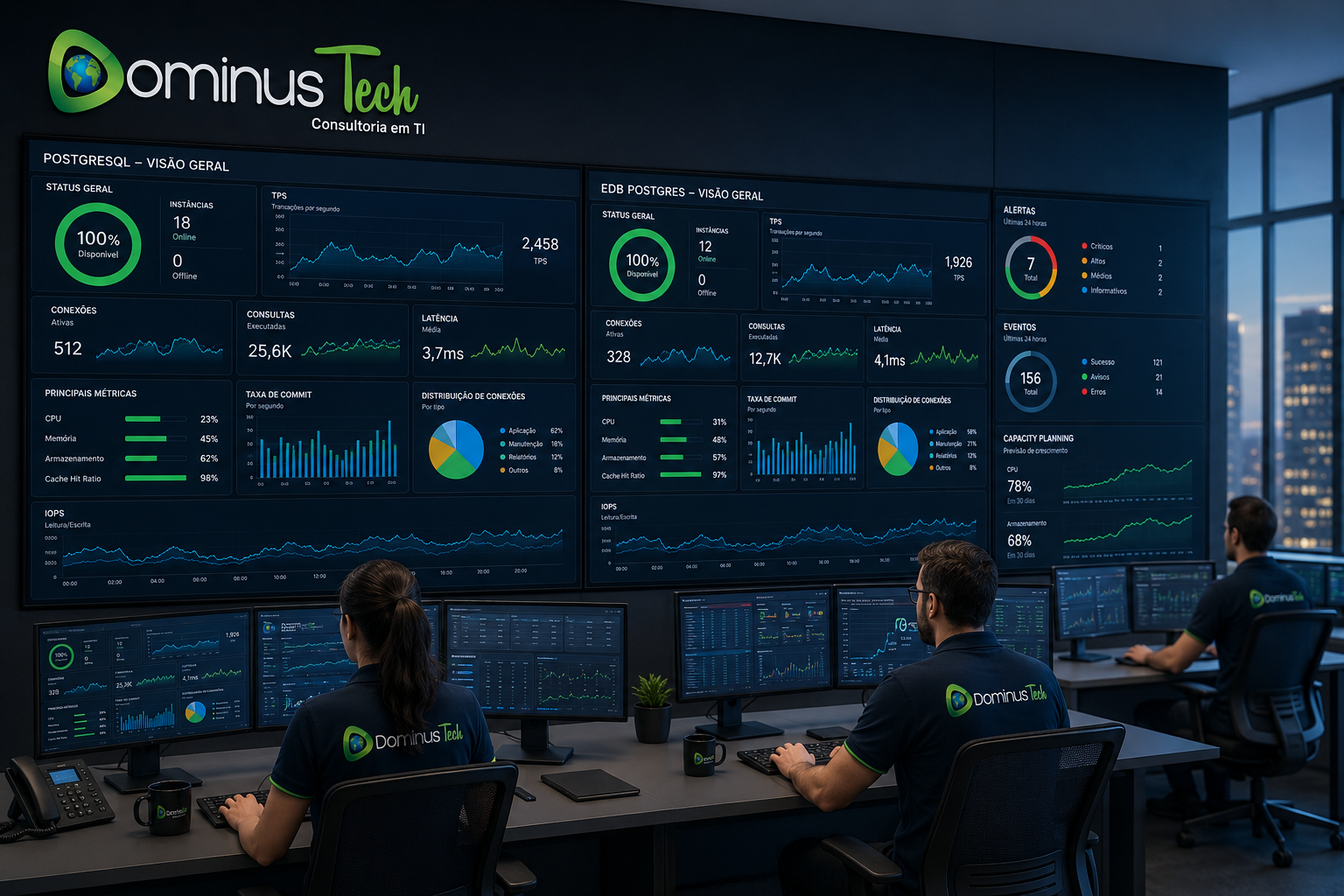 Monitoramento e observabilidade de bancos de dados PostgreSQL corporativos com dashboards executivos, métricas em tempo real, análise de performance, disponibilidade e capacity planning em ambiente enterprise.
