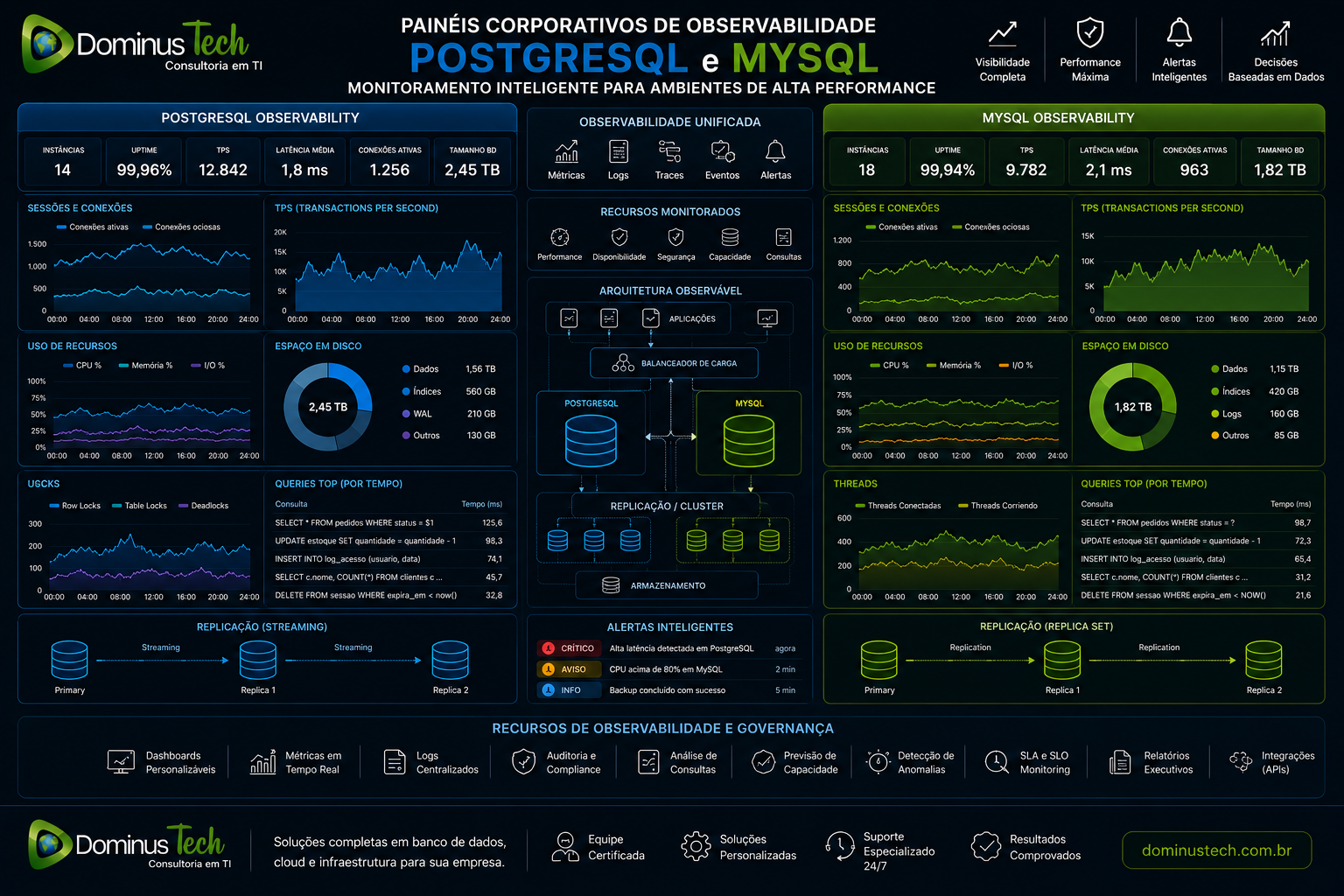 Observabilidade e monitoramento para bancos de dados open source com dashboards corporativos, métricas em tempo real, alertas inteligentes e análise de desempenho para PostgreSQL e MySQL.