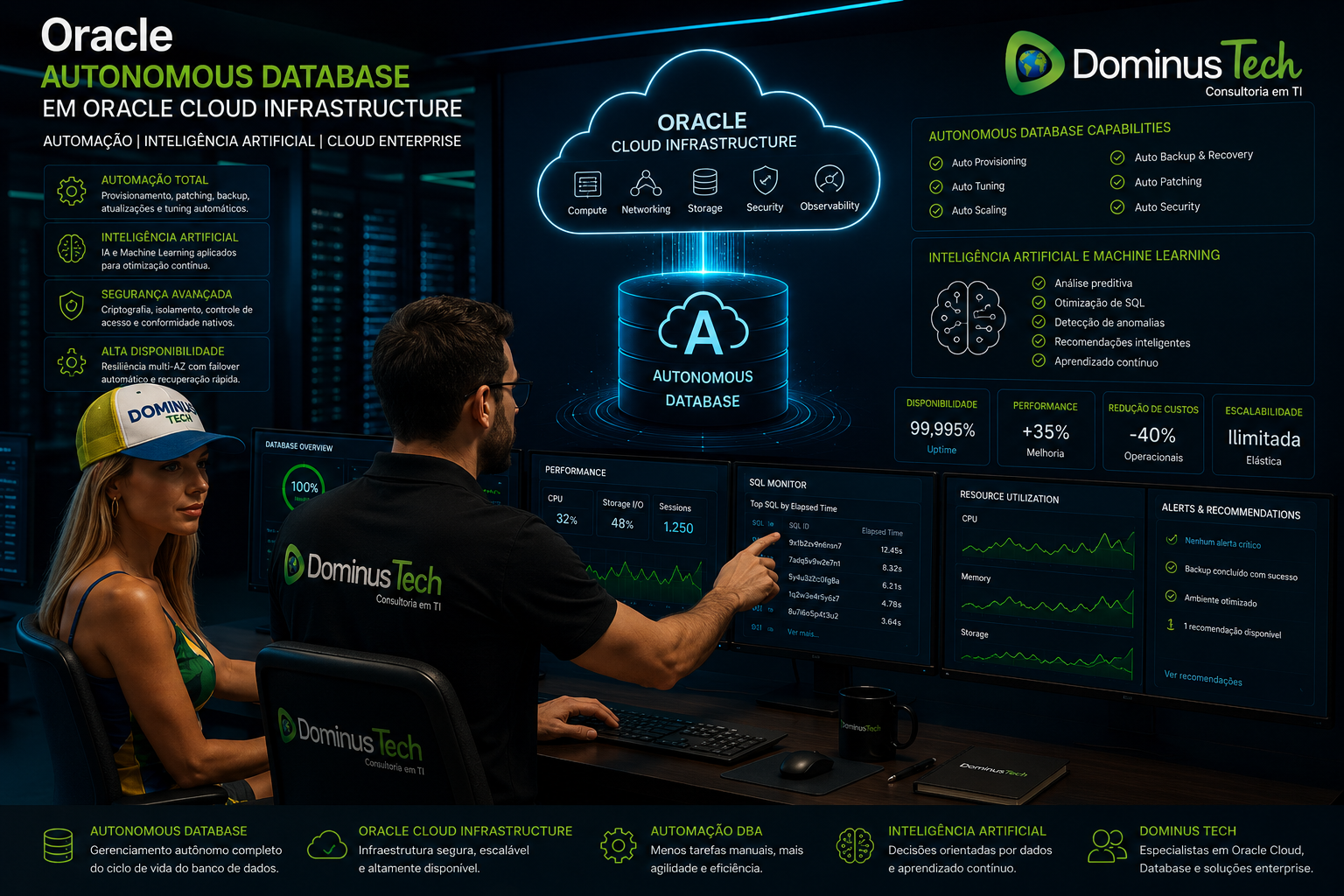 Administrador Oracle e especialista da Dominus Tech monitorando Oracle Autonomous Database em Oracle Cloud Infrastructure com inteligência artificial, automação DBA e observabilidade avançada.