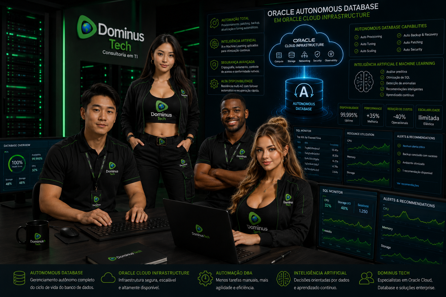 Equipe da Dominus Tech monitorando Oracle Autonomous Database em Oracle Cloud Infrastructure com inteligência artificial, automação DBA, observabilidade corporativa e gerenciamento avançado de banco de dados enterprise.