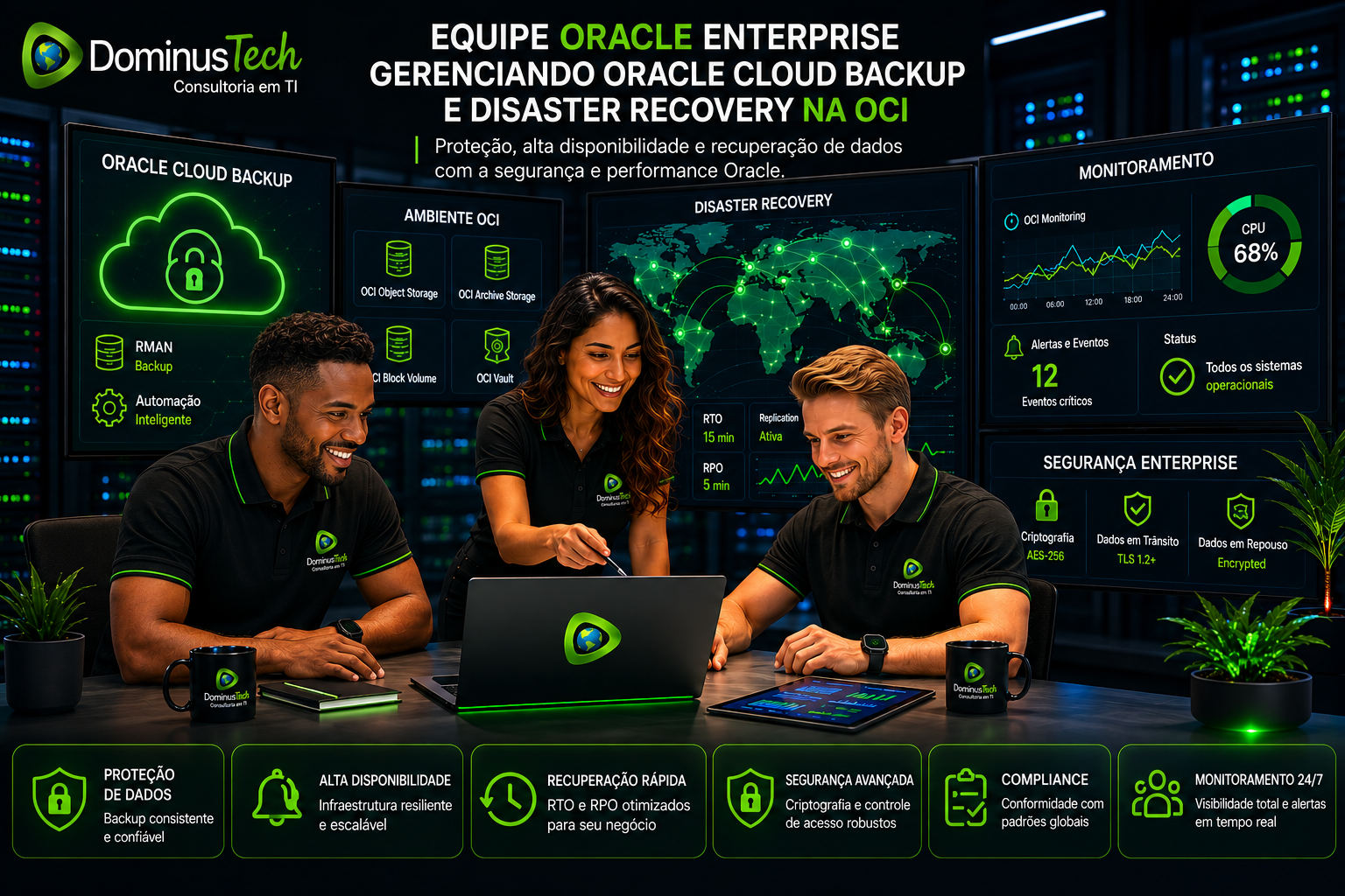Equipe da Dominus Tech monitorando Oracle Cloud Backup e Disaster Recovery em ambiente enterprise com dashboards de segurança, observabilidade e alta disponibilidade.