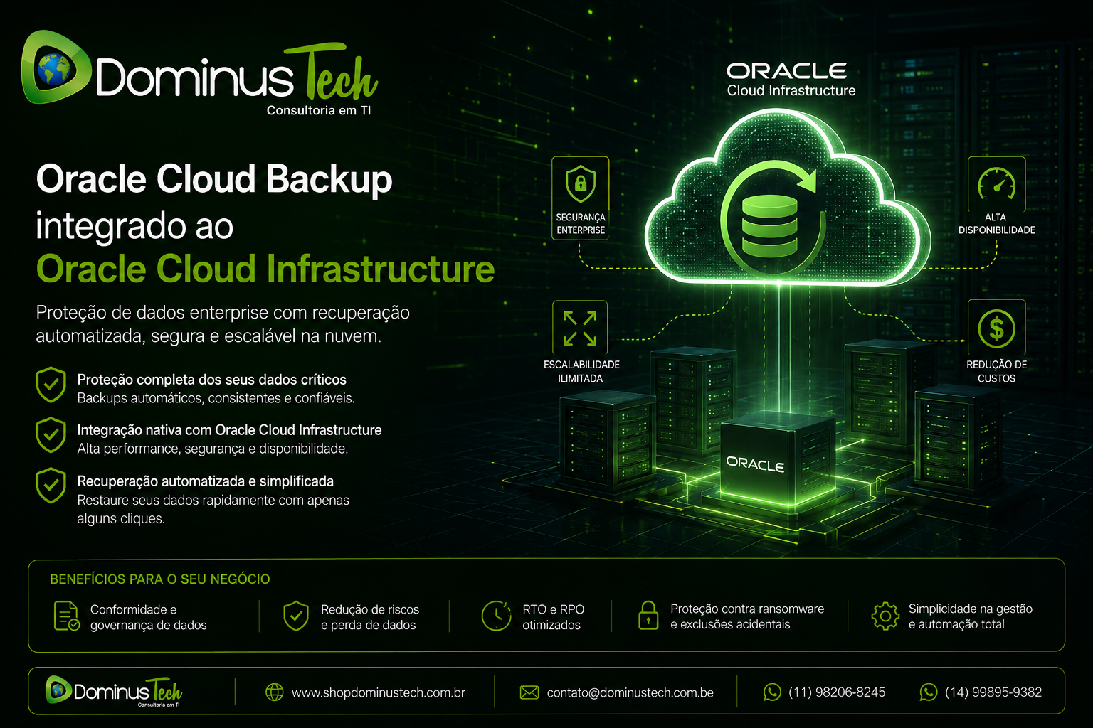 Ilustração de Oracle Cloud Backup integrado ao Oracle Cloud Infrastructure com servidores conectados à nuvem, representando proteção de dados enterprise, alta disponibilidade e recuperação automatizada.