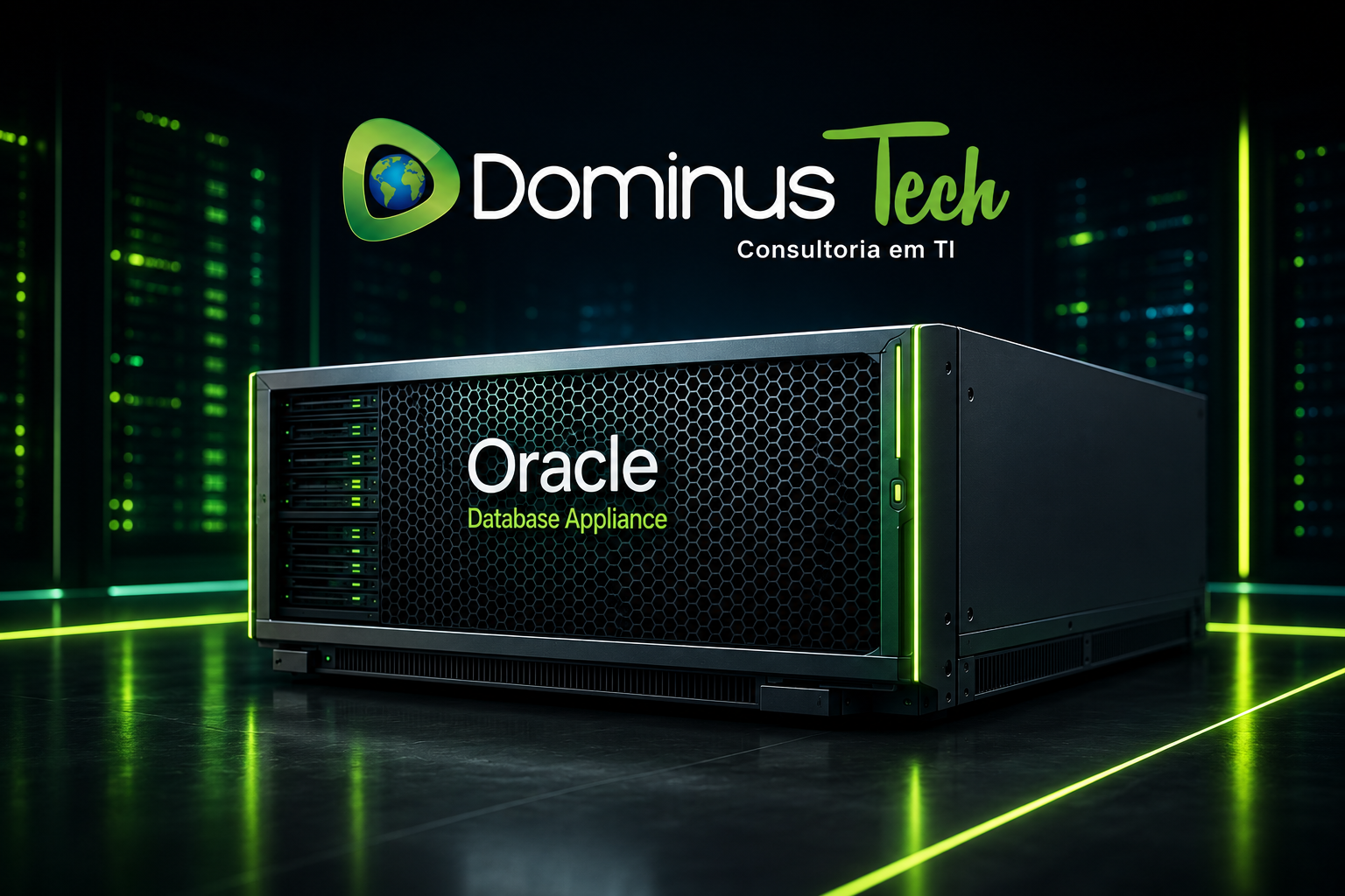 Oracle Database Appliance em ambiente de data center moderno com identidade visual Dominus Tech, projetado para alta disponibilidade, desempenho e segurança de bancos de dados corporativos.