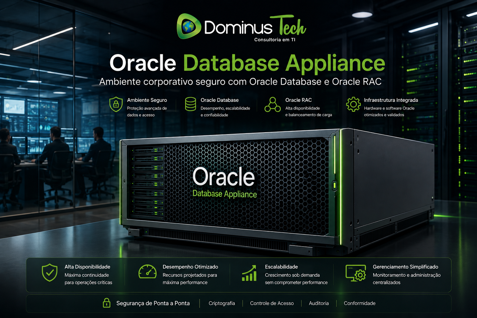 Oracle Database Appliance em ambiente corporativo seguro com Oracle Database, Oracle RAC e infraestrutura integrada para alta disponibilidade e proteção de dados.