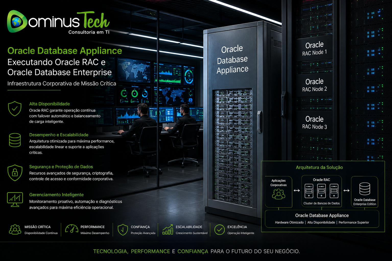 Oracle Database Appliance executando Oracle RAC e Oracle Database Enterprise em infraestrutura corporativa de missão crítica, com monitoramento avançado, alta disponibilidade, segurança de dados e gerenciamento inteligente em datacenter moderno.
