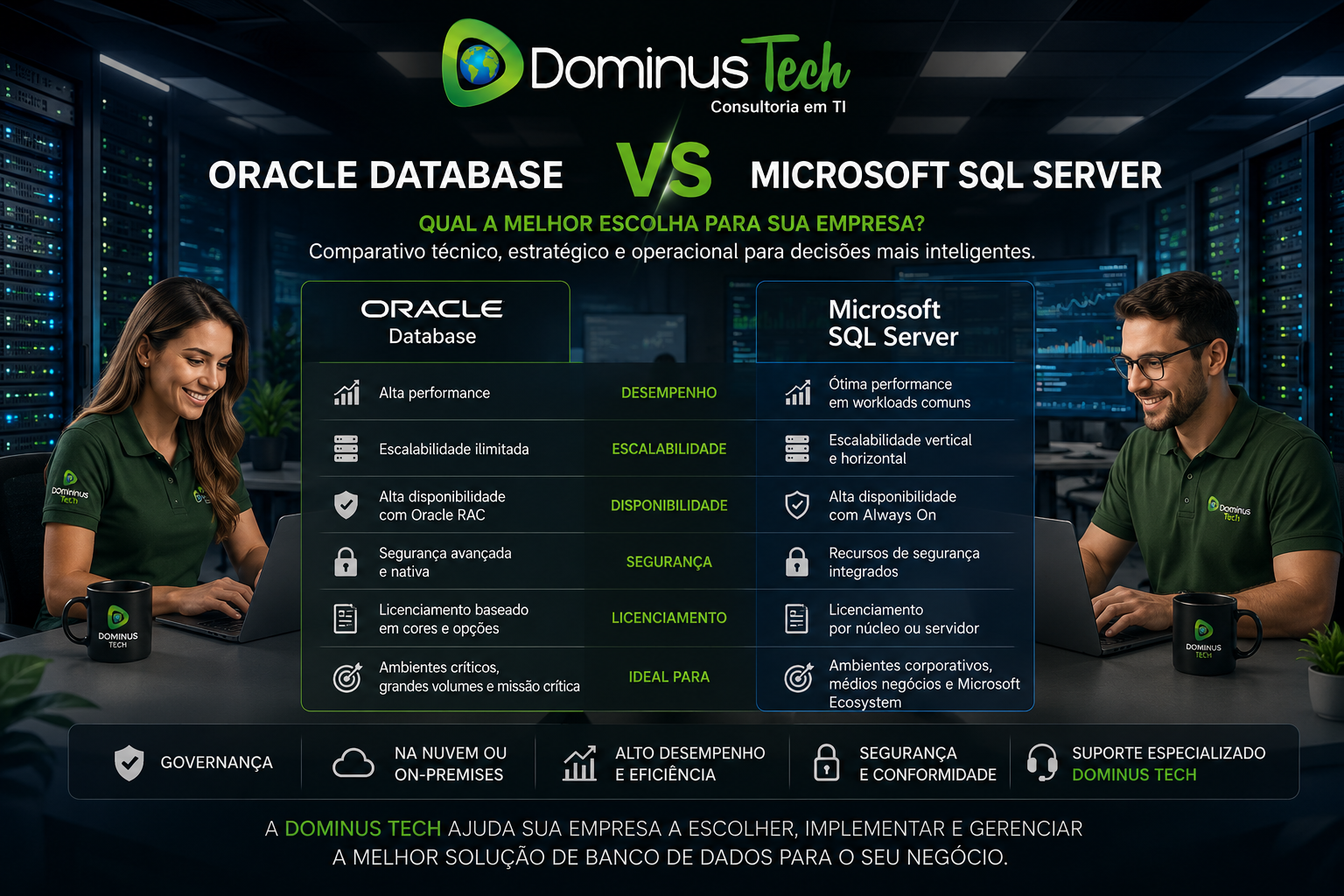 Comparação entre Oracle Database e Microsoft SQL Server para empresas em ambiente corporativo com especialistas analisando desempenho, escalabilidade, disponibilidade e segurança.