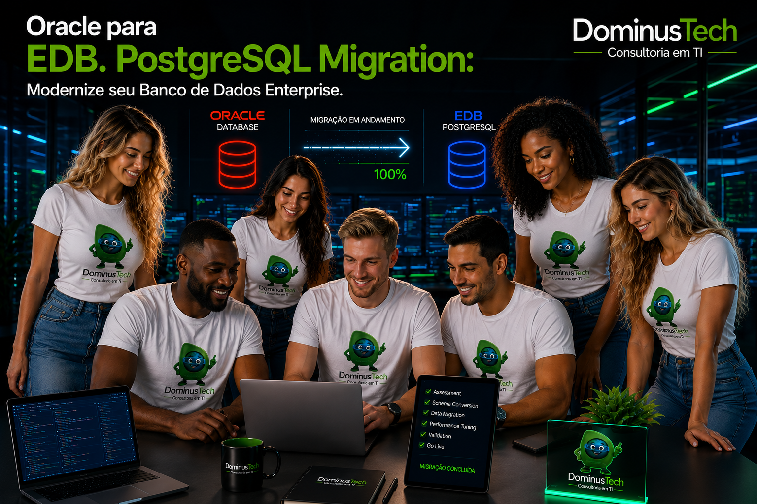 Equipe da Dominus Tech realizando migração de Oracle Database para EDB PostgreSQL em ambiente corporativo moderno, destacando especialistas em banco de dados, modernização da infraestrutura e transformação digital para empresas.