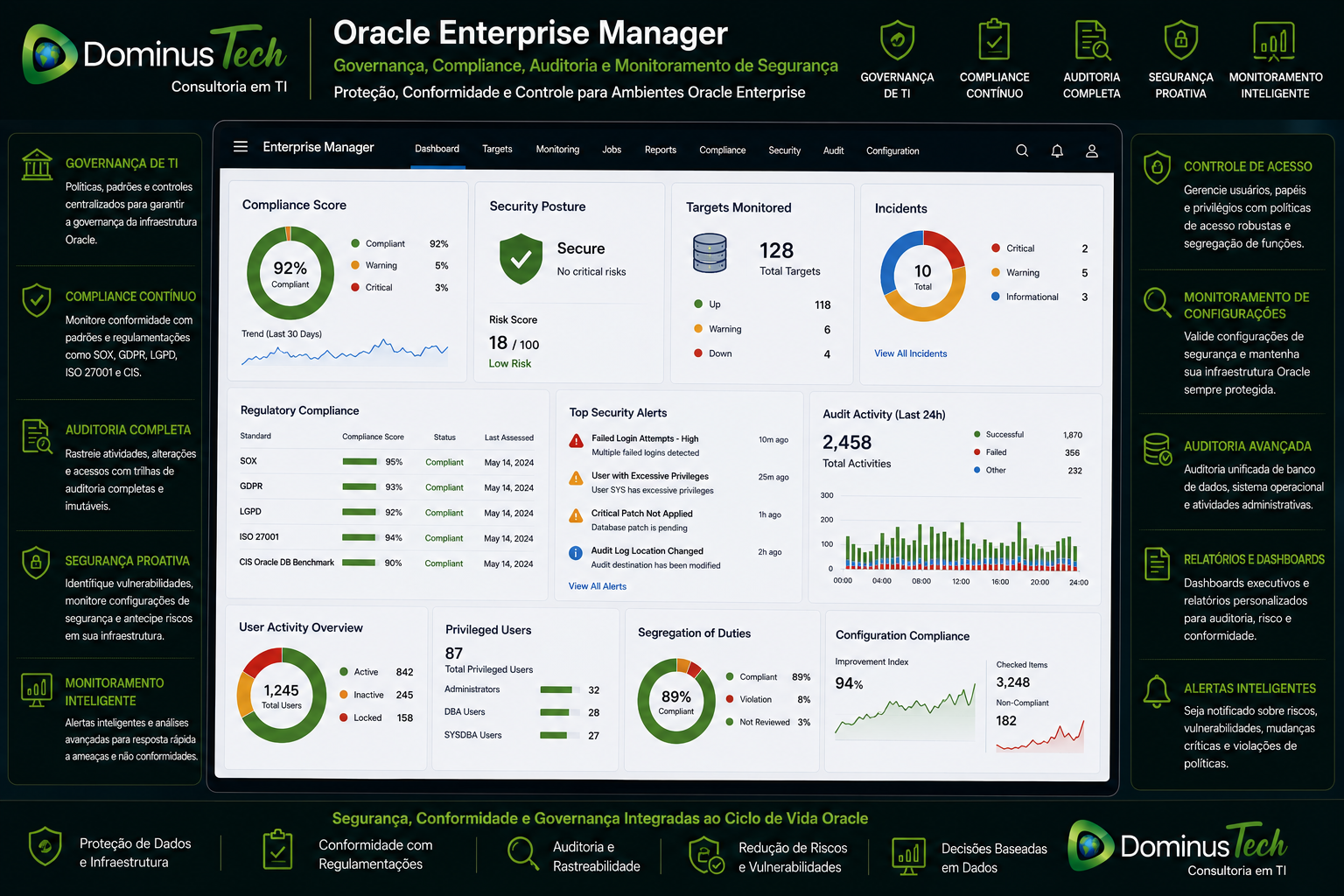 Painel Oracle Enterprise Manager monitorando governança, compliance, auditoria e segurança de ambientes Oracle Enterprise com métricas de conformidade, gestão de riscos e monitoramento contínuo.
