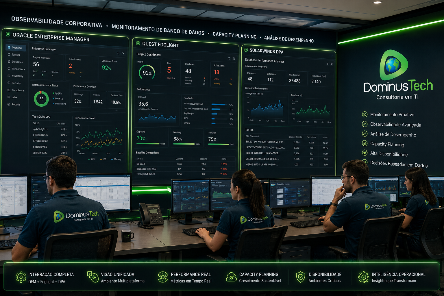Centro de operações enterprise da Dominus Tech utilizando Oracle Enterprise Manager, Quest Foglight e SolarWinds Database Performance Analyzer para monitoramento de Oracle Database, SQL Server, PostgreSQL e ambientes corporativos com dashboards de observabilidade, capacity planning e análise de desempenho em tempo real.