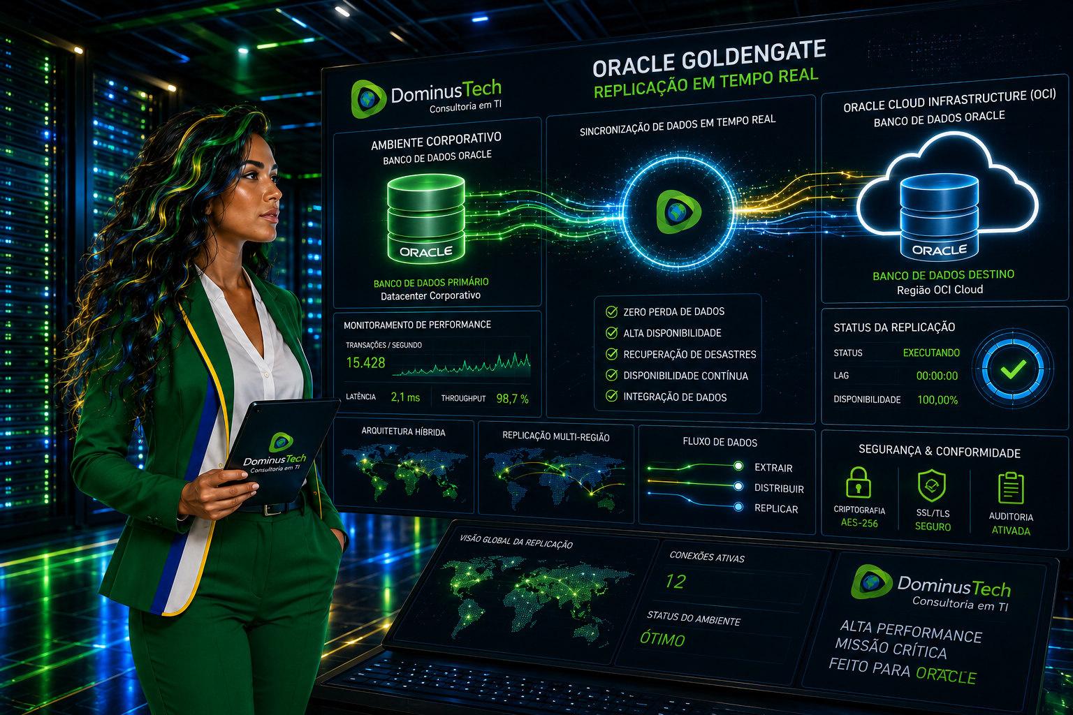 Painel corporativo Oracle GoldenGate realizando replicação Oracle em tempo real entre banco de dados Oracle local e Oracle Cloud Infrastructure (OCI), monitorado por especialista da Dominus Tech em ambiente enterprise de alta disponibilidade.
