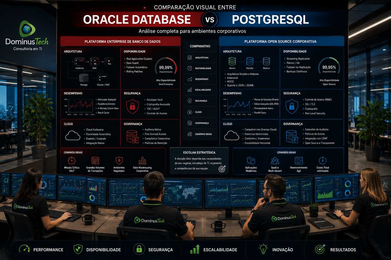 Comparação visual entre Oracle Database e PostgreSQL em centro de operações corporativo da Dominus Tech, com dashboards de monitoramento, observabilidade, segurança, disponibilidade, cloud e desempenho de bancos de dados.