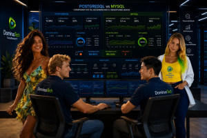 Equipe corporativa diversa monitorando dashboards PostgreSQL e MySQL em ambiente tecnológico moderno, com profissionais analisando métricas de desempenho, disponibilidade, segurança e observabilidade de bancos de dados.