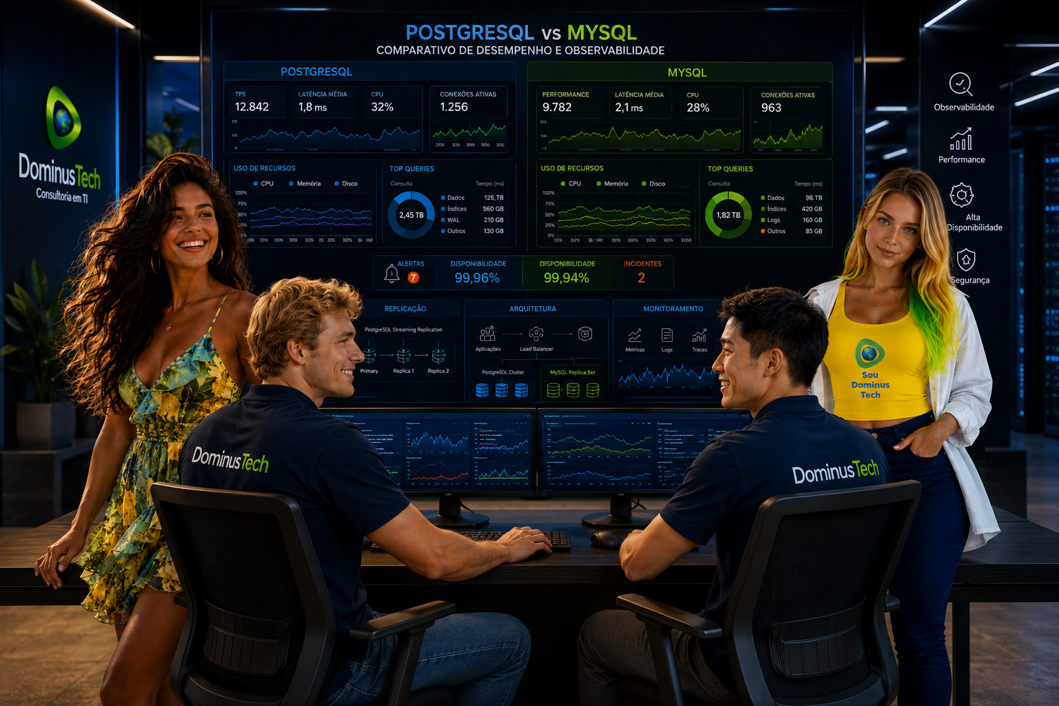 Equipe corporativa diversa monitorando dashboards PostgreSQL e MySQL em ambiente tecnológico moderno, com profissionais analisando métricas de desempenho, disponibilidade, segurança e observabilidade de bancos de dados.