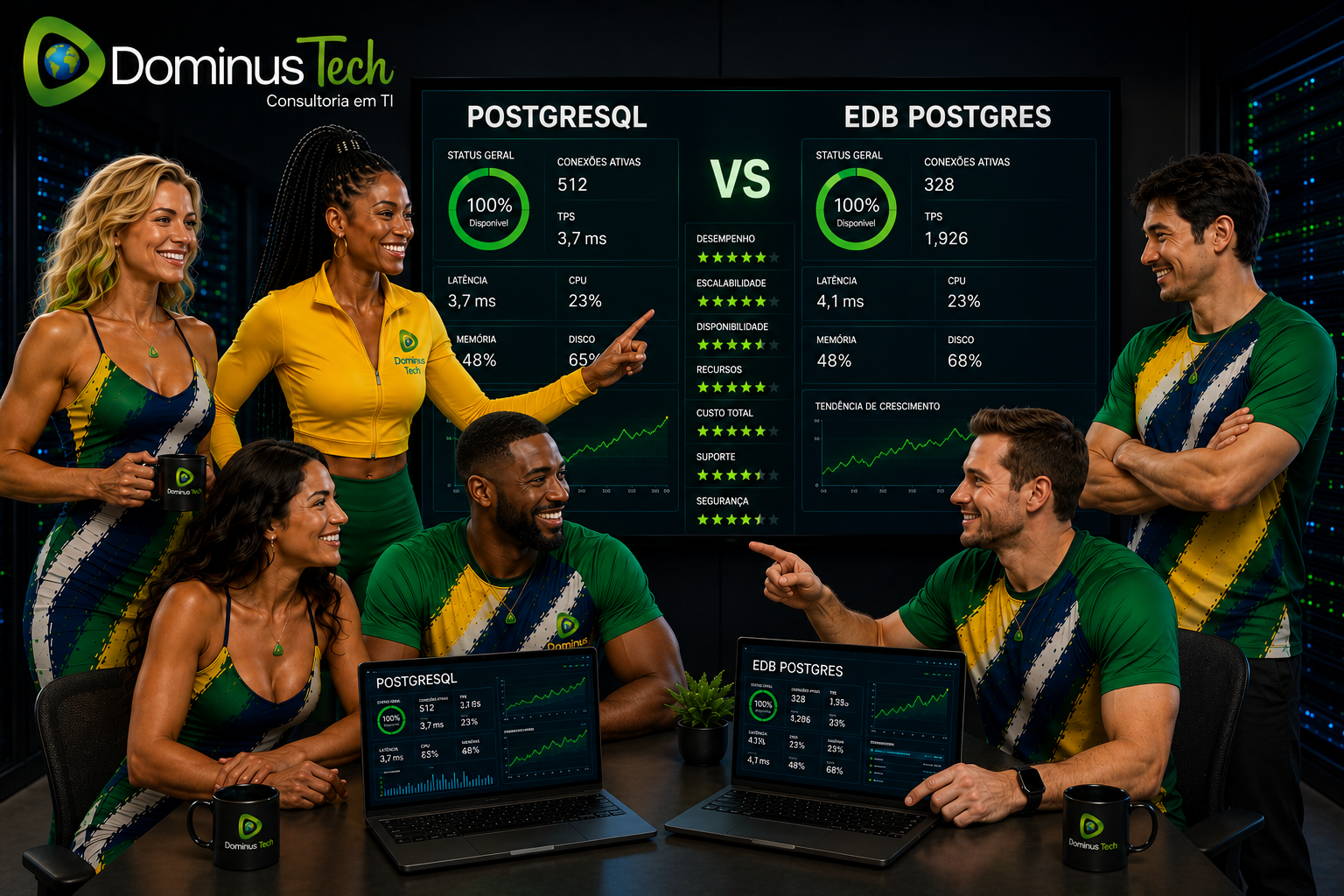 Equipe da Dominus Tech analisando PostgreSQL e EDB Postgres em ambiente corporativo com dashboards avançados de observabilidade, métricas de desempenho, disponibilidade e monitoramento em tempo real.