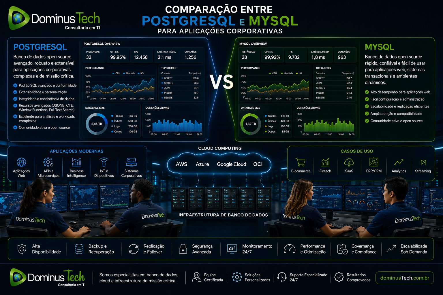 Comparação entre PostgreSQL e MySQL em ambiente corporativo com dashboards de monitoramento, cloud computing, infraestrutura de banco de dados, alta disponibilidade e aplicações empresariais modernas.