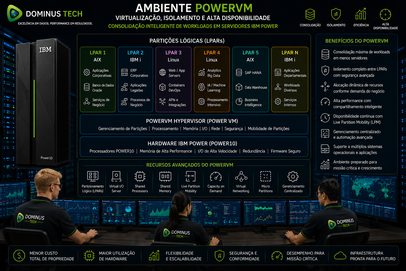 Ambiente PowerVM em servidor IBM Power demonstrando LPARs, virtualização corporativa, consolidação de workloads, isolamento de recursos e monitoramento empresarial em tempo real.