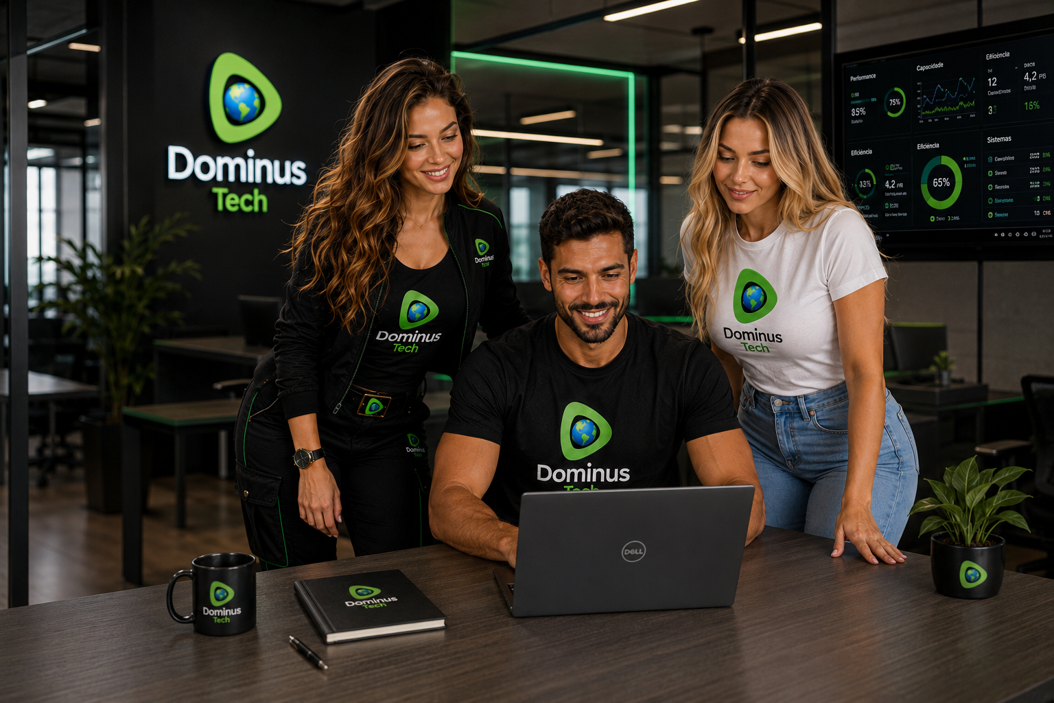 Equipe da Dominus Tech trabalhando em ambiente corporativo moderno utilizando notebook corporativo, analisando dados, acompanhando indicadores operacionais e colaborando em projetos de infraestrutura, cloud, armazenamento e transformação digital.