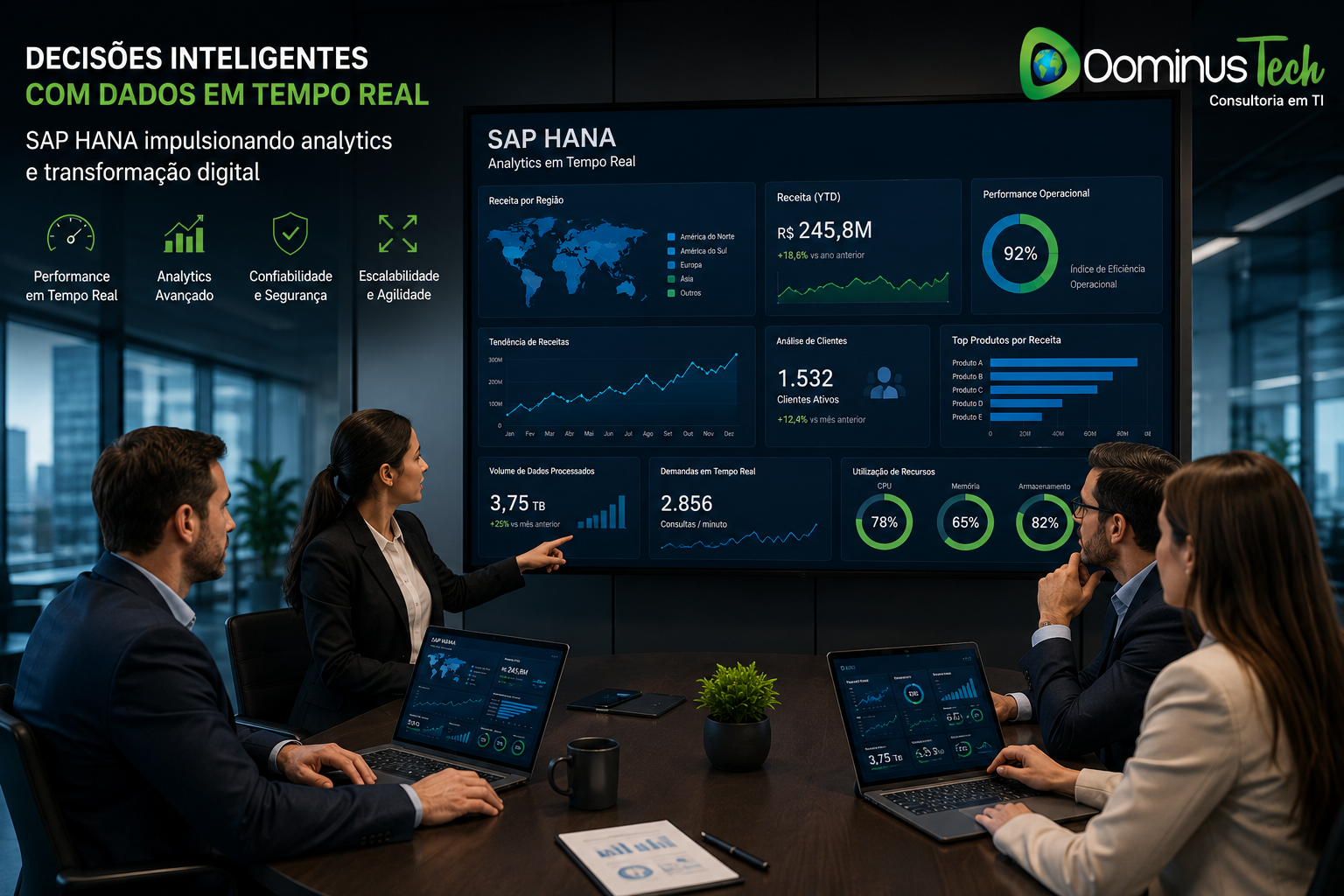 SAP HANA para analytics e transformação digital com dashboards em tempo real utilizados por equipe executiva