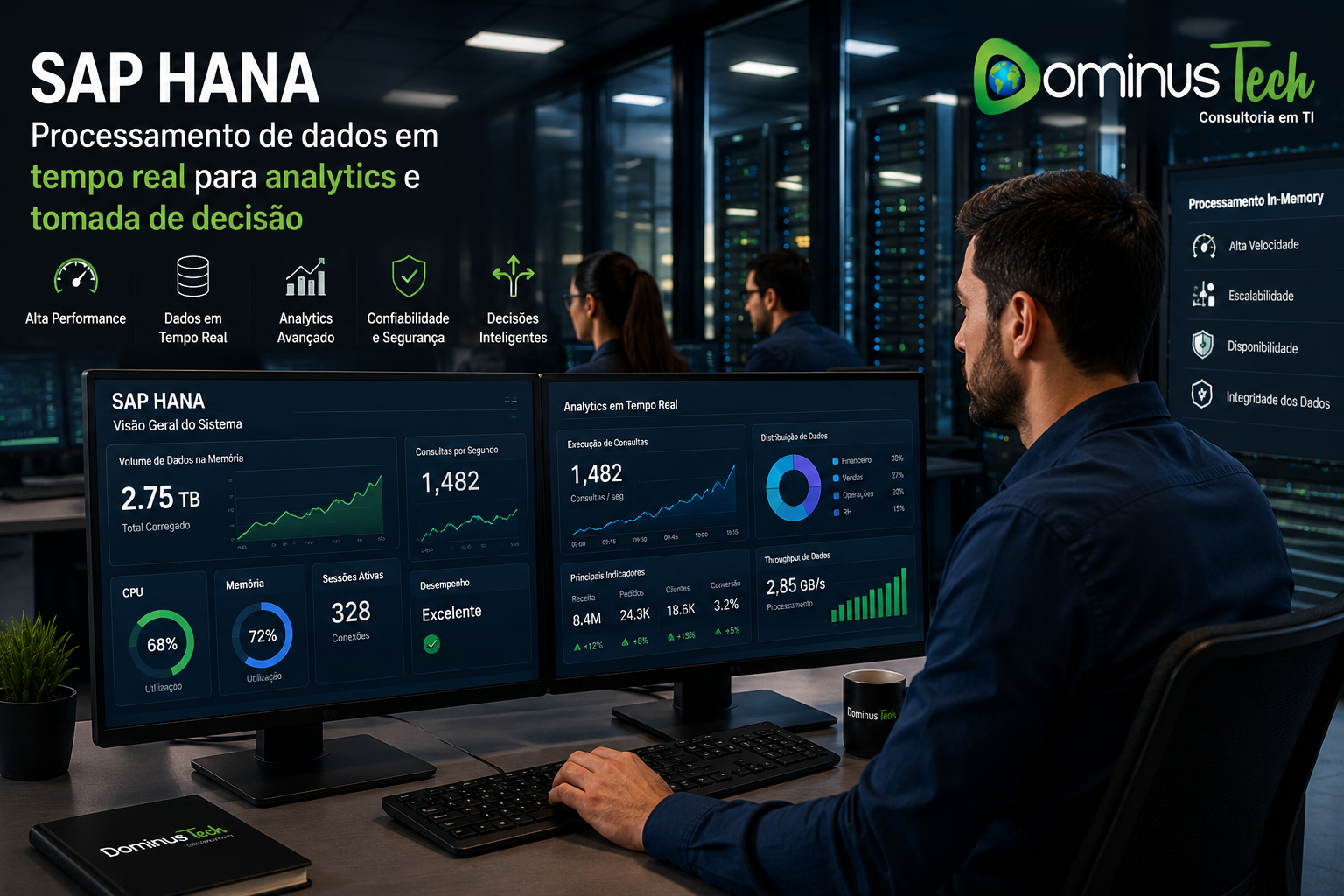 Plataforma SAP HANA para processamento de dados em tempo real com dashboards analíticos em ambiente corporativo
