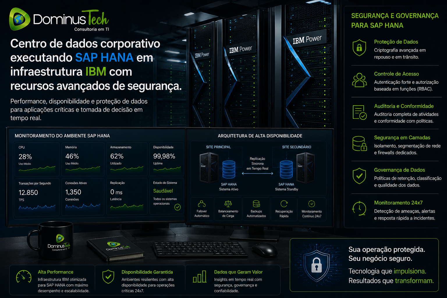 Centro de dados corporativo executando SAP HANA em infraestrutura IBM com recursos avançados de segurança, monitoramento em tempo real, governança de dados, alta disponibilidade e dashboards analíticos para ambientes empresariais críticos.