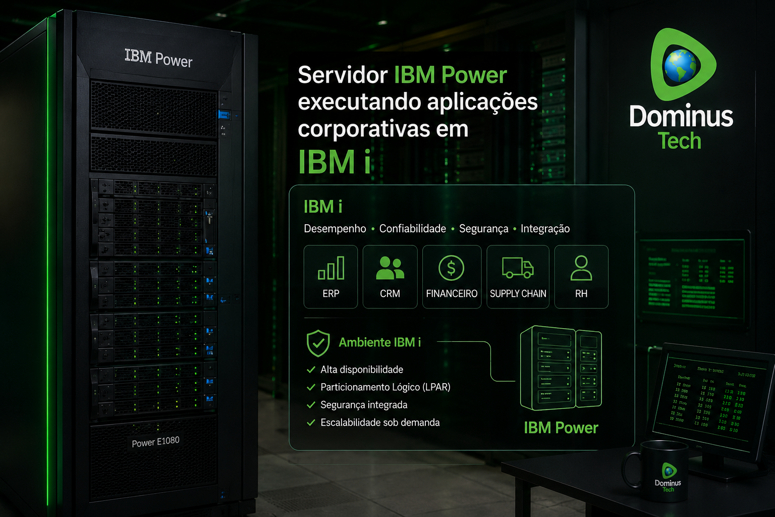 Servidor IBM Power executando aplicações corporativas em ambiente IBM i com alta performance e segurança