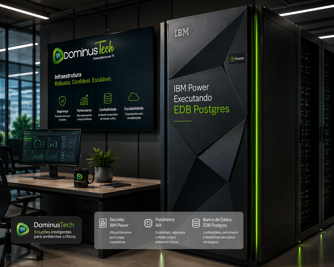 Servidor IBM Power executando EDB Postgres em ambiente corporativo moderno, com infraestrutura crítica, alta disponibilidade, desempenho empresarial e monitoramento avançado em data center profissional.