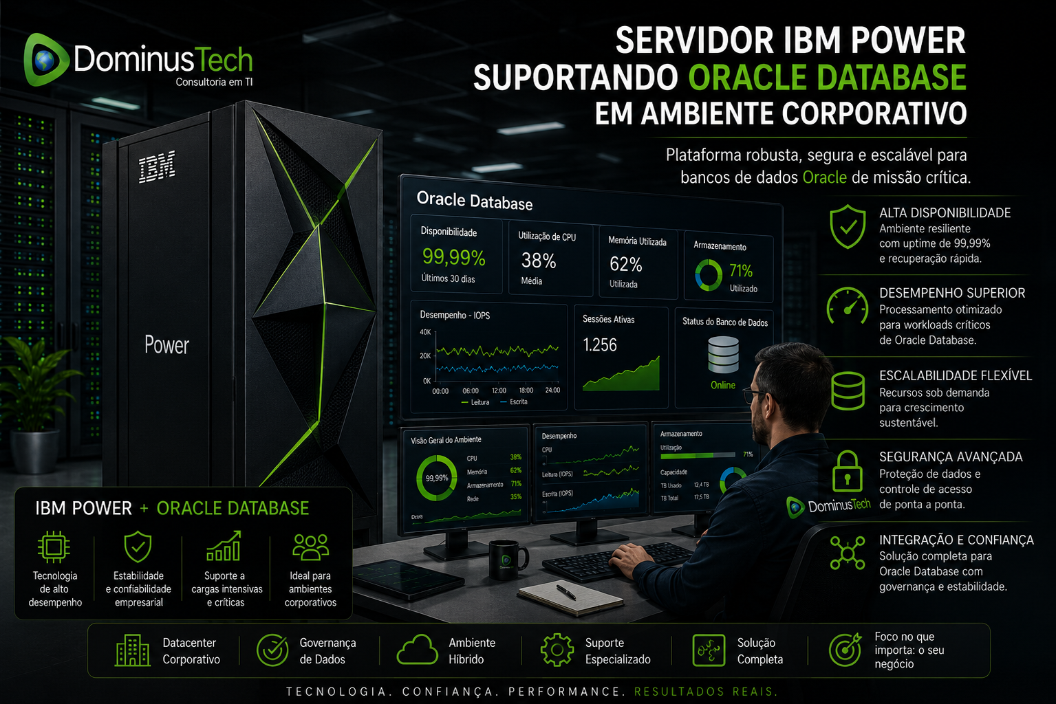 Servidor IBM Power suportando Oracle Database em ambiente corporativo com alta disponibilidade, desempenho superior e segurança avançada.