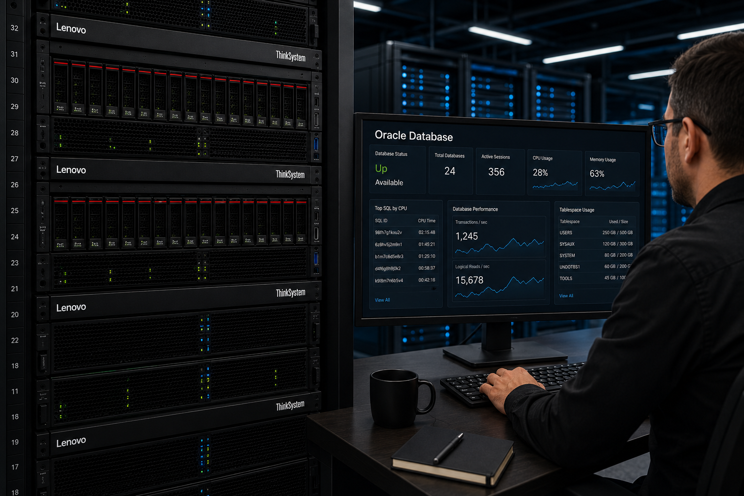 Servidor Lenovo ThinkSystem executando ambiente Oracle Database corporativo em data center moderno, com monitoramento de desempenho, disponibilidade e utilização de recursos realizado pela equipe da Dominus Tech.