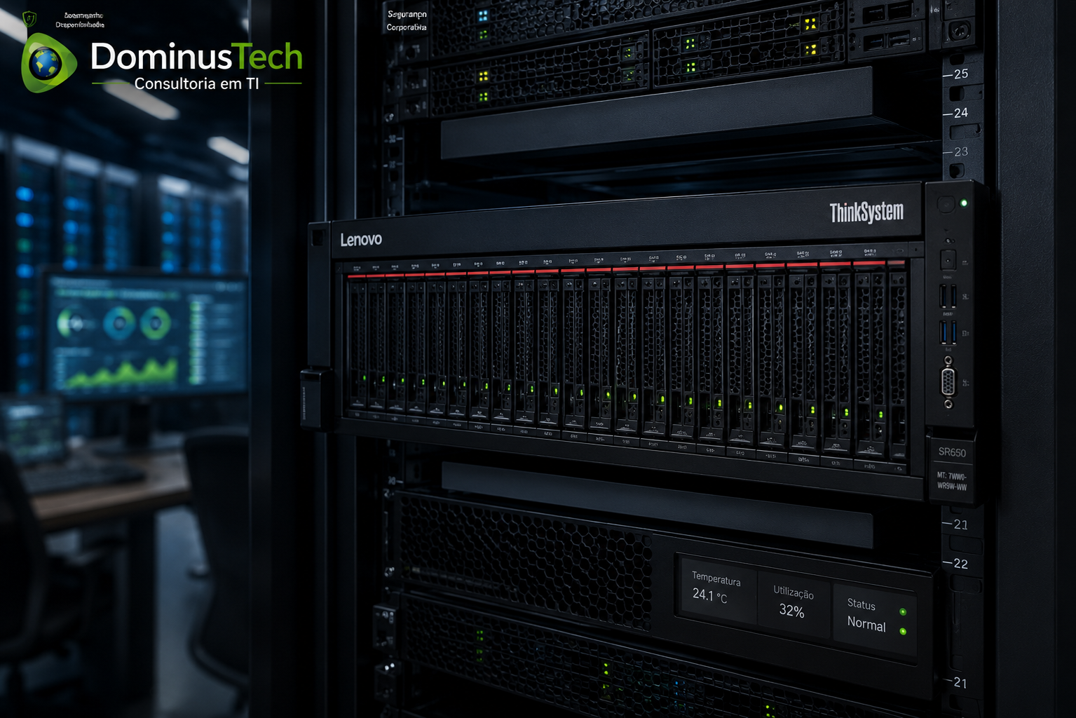 Servidor Lenovo ThinkSystem instalado em rack de data center corporativo para aplicações críticas, com iluminação moderna, infraestrutura de alta disponibilidade e ambiente enterprise da Dominus Tech. Lenovo Infrastructure Solutions
