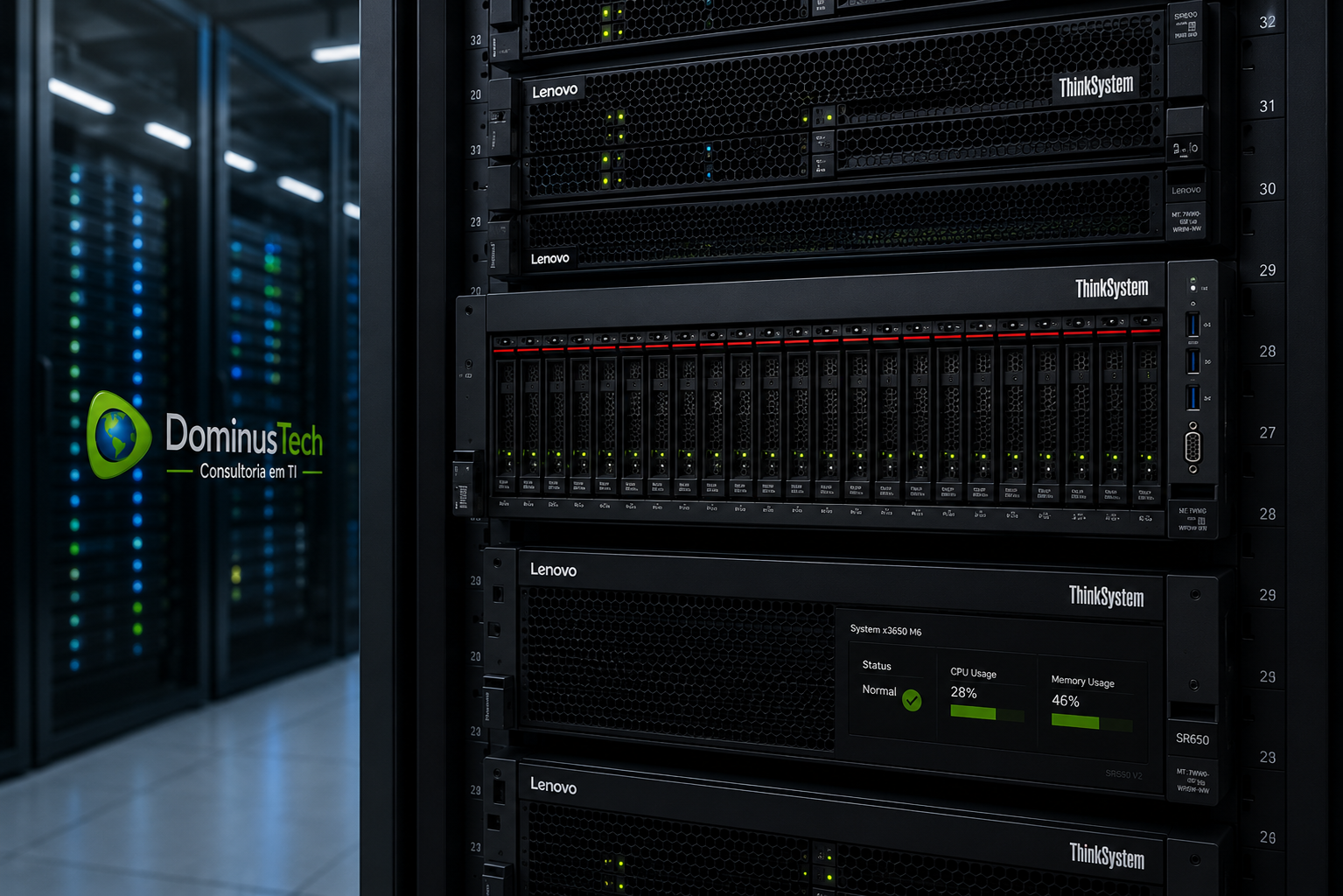 Servidor Lenovo ThinkSystem instalado em rack corporativo em data center moderno, com infraestrutura de alta disponibilidade para aplicações críticas, monitoramento contínuo e gerenciamento de desempenho, ilustrando soluções empresariais da Dominus Tech.