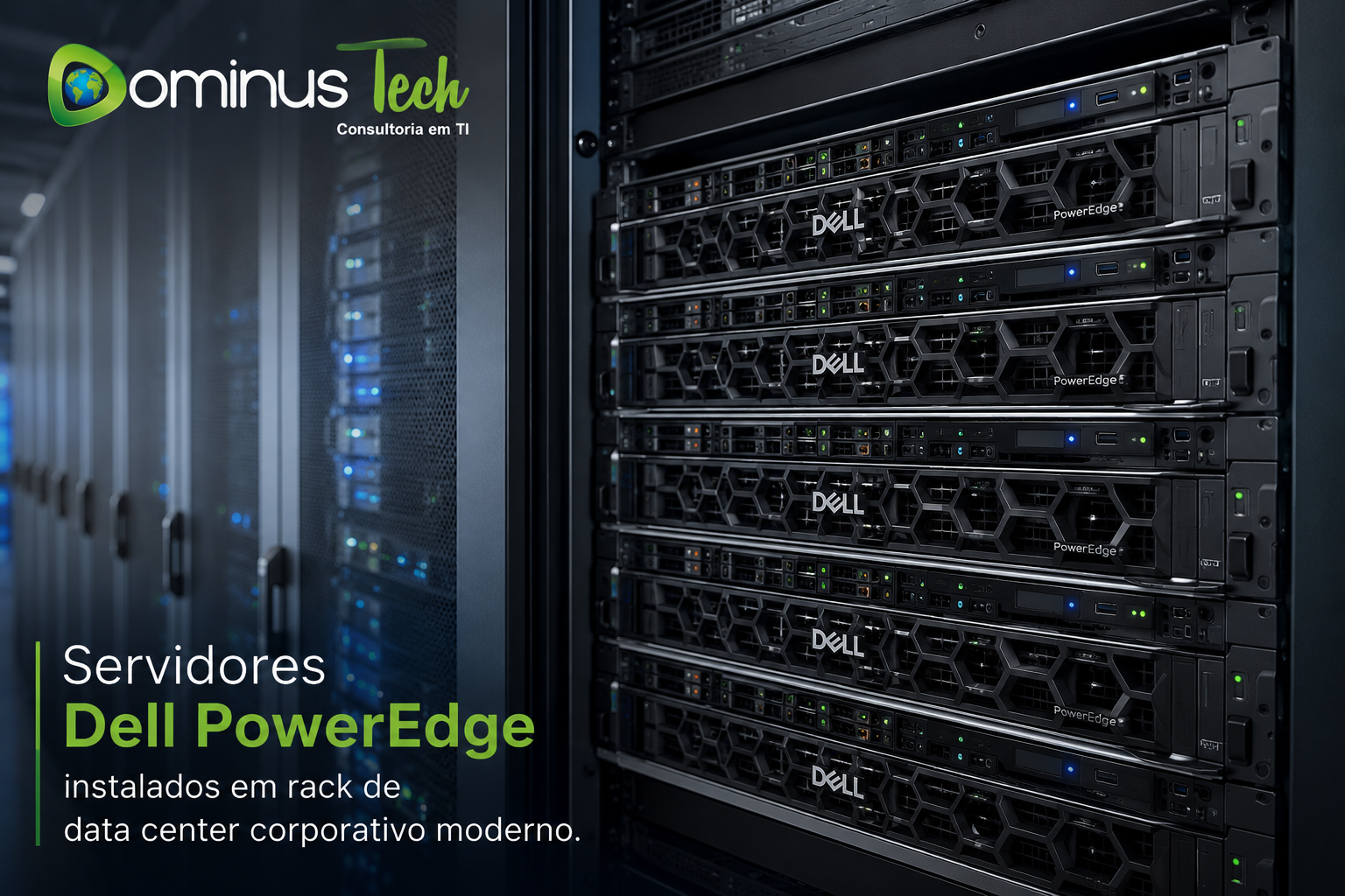 Servidores Dell PowerEdge instalados em rack de data center corporativo moderno, com infraestrutura de alta disponibilidade, processamento empresarial e ambiente tecnológico monitorado pela equipe da Dominus Tech.