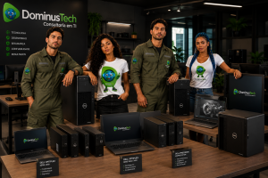 Equipe da Dominus Tech apresentando computadores Dell OptiPlex, notebooks e workstations Dell Precision em showroom corporativo moderno, com soluções para empresas, infraestrutura de TI e ambientes profissionais.