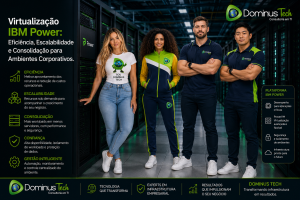 Equipe da Dominus Tech em um data center corporativo com servidores IBM Power, destacando soluções de virtualização PowerVM para eficiência, escalabilidade, consolidação de recursos e gerenciamento de ambientes críticos. A imagem apresenta profissionais especializados em infraestrutura enterprise utilizando vestimentas personalizadas da Dominus Tech.