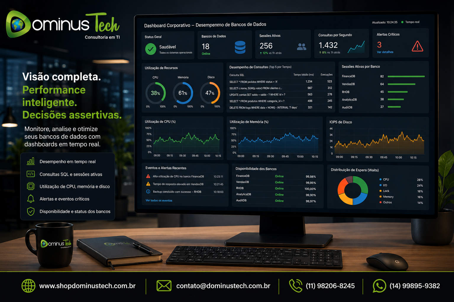 Dashboard corporativo exibindo métricas de desempenho de bancos de dados com consultas SQL, sessões ativas, uso de CPU, memória, disco e alertas em tempo real.