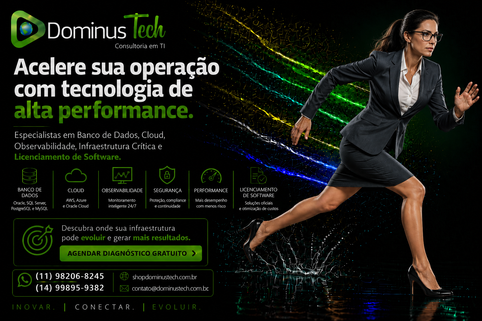 Banner institucional da Dominus Tech promovendo consultoria em TI com foco em infraestrutura crítica, banco de dados, cloud, observabilidade, segurança, performance e licenciamento de software para empresas.