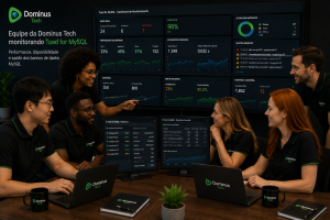 Equipe da Dominus Tech monitorando o Toad for MySQL em ambiente corporativo, composta por profissionais diversos, incluindo um homem coreano, um homem negro, um homem branco, além de mulheres negra, loira e ruiva, acompanhando dashboards de desempenho, consultas SQL e monitoramento do banco de dados MySQL.