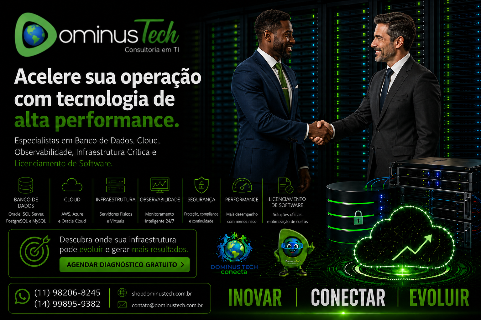Executivos fechando parceria comercial com aperto de mãos em datacenter corporativo, representando os serviços da Dominus Tech em banco de dados, cloud, observabilidade, infraestrutura crítica e licenciamento de software.