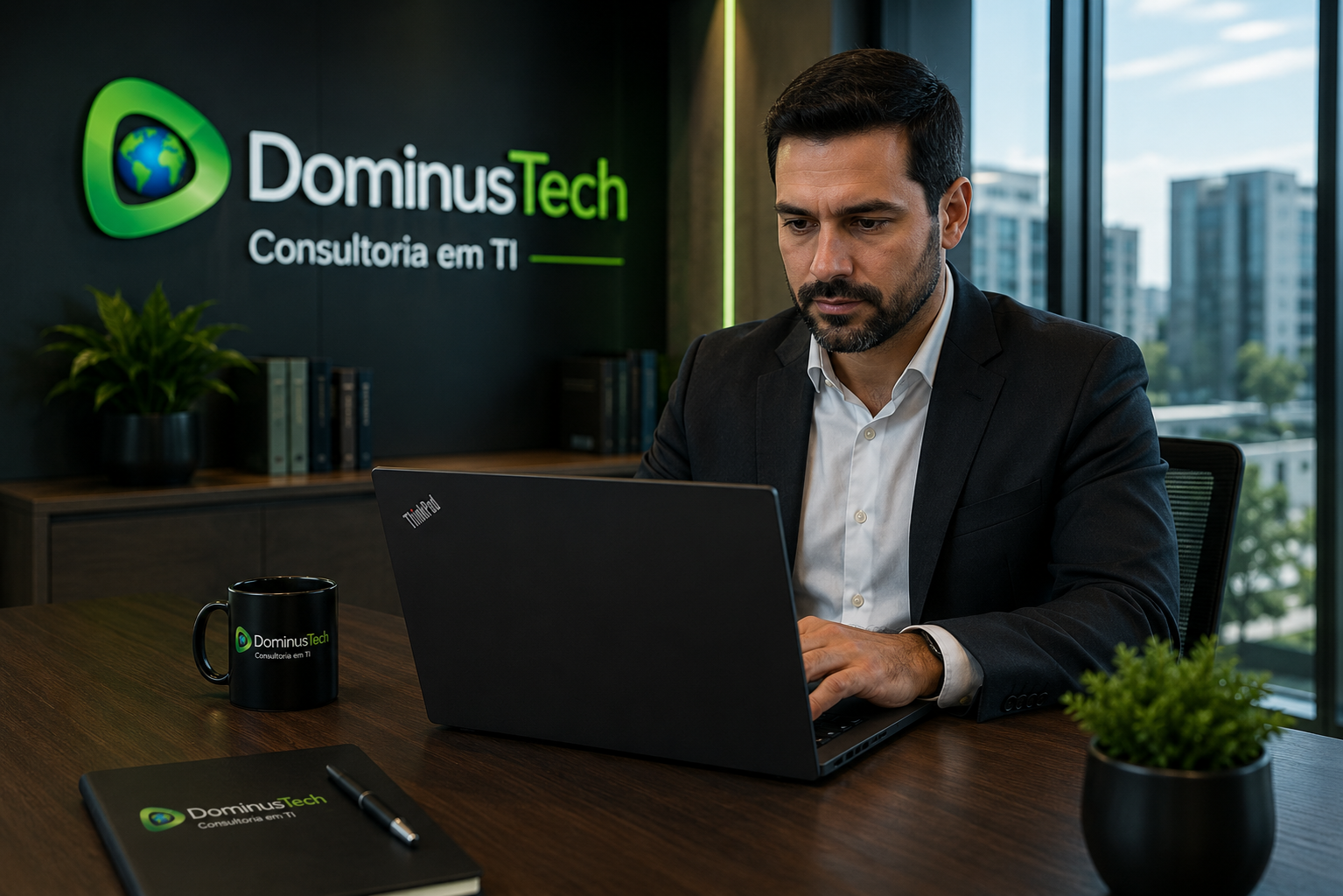 Executivo utilizando notebook Lenovo ThinkPad em ambiente empresarial moderno com identidade visual oficial da Dominus Tech, destacando produtividade, mobilidade corporativa e soluções de infraestrutura de TI. Lenovo Notebooks Corporativos