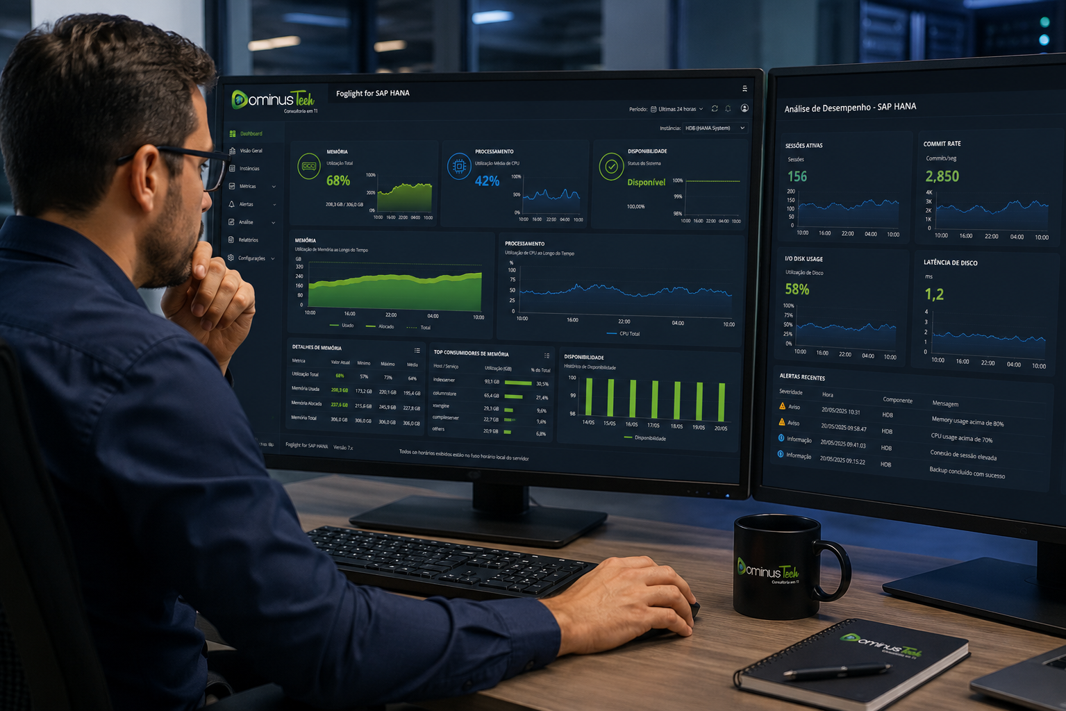 Administrador SAP analisando indicadores operacionais do SAP HANA em um dashboard do Foglight, acompanhando métricas de memória, processamento, CPU, disponibilidade e desempenho do ambiente.