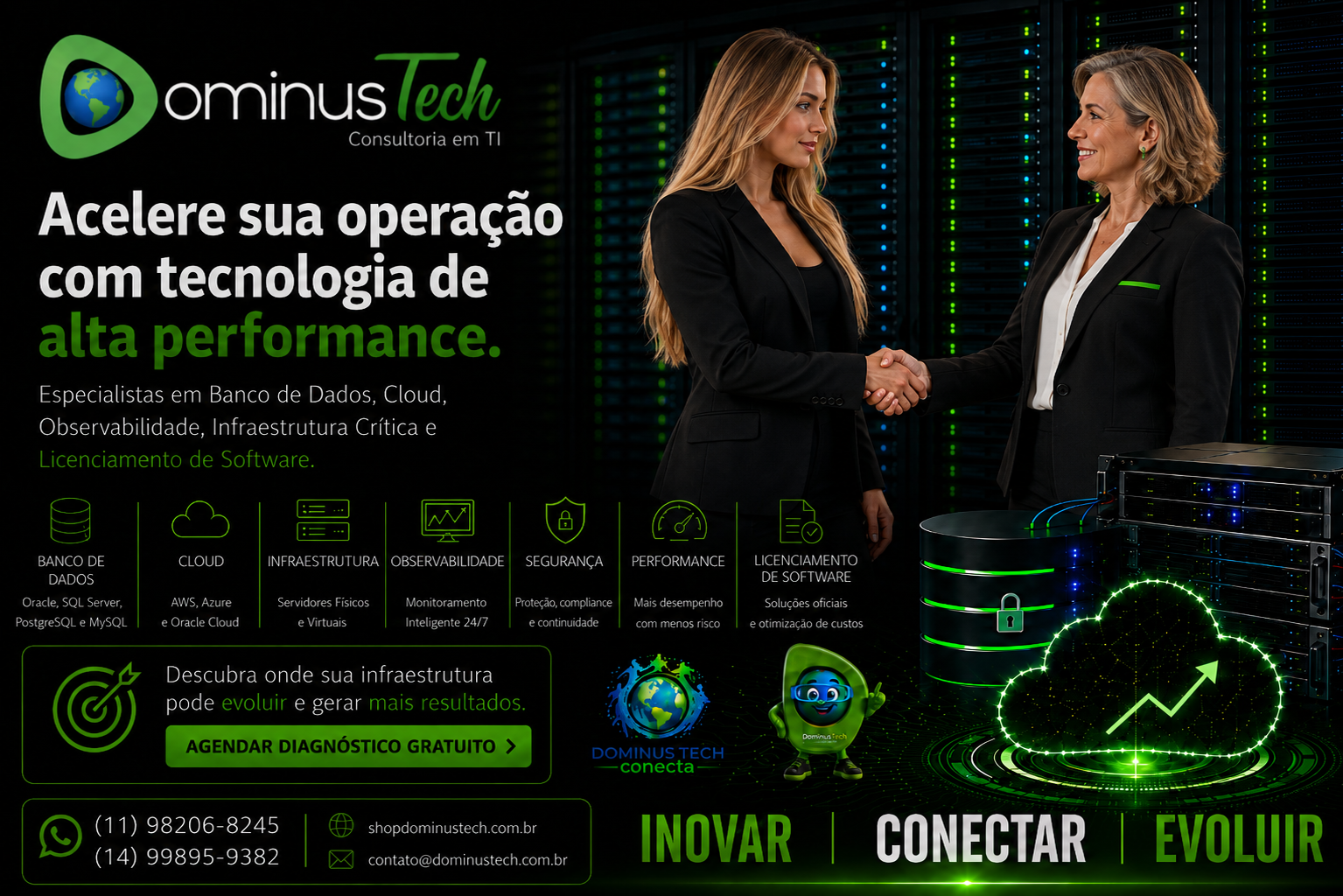 Executivas fechando parceria comercial com aperto de mãos em datacenter corporativo, representando os serviços da Dominus Tech em banco de dados, cloud, observabilidade, infraestrutura crítica e licenciamento de software.