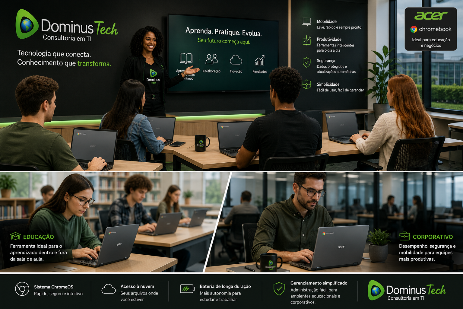 Acer Chromebook sendo utilizado em um ambiente moderno de educação e treinamento corporativo, com alunos e profissionais utilizando dispositivos ChromeOS em uma sala tecnológica equipada para colaboração, produtividade e aprendizado, com o logotipo oficial da Dominus Tech.
