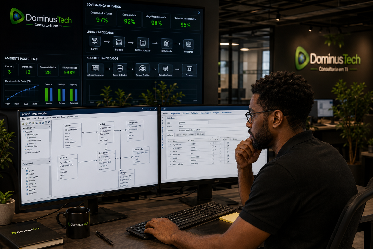 Administrador de banco de dados analisando diagramas PostgreSQL integrados ao Erwin Data Modeler by Quest em ambiente corporativo da Dominus Tech, utilizando recursos de modelagem de dados, governança e documentação de banco de dados.