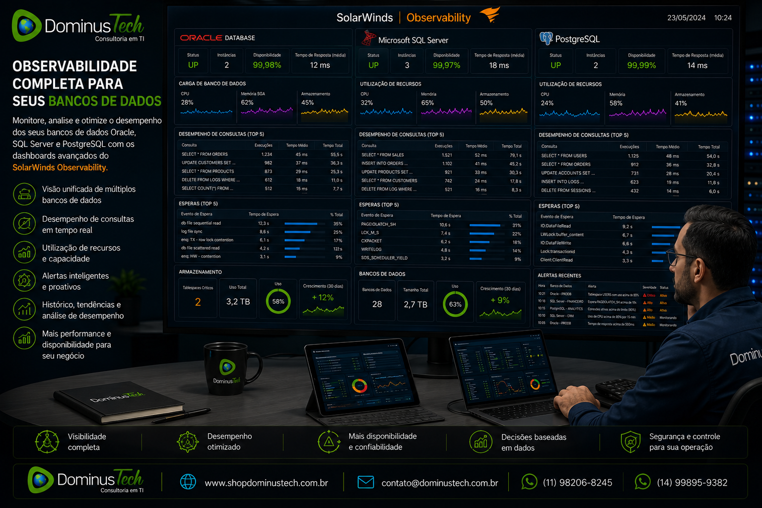 Administrador de banco de dados analisando dashboards de observabilidade com métricas de Oracle, SQL Server e PostgreSQL, incluindo desempenho de consultas, utilização de recursos, disponibilidade e monitoramento em tempo real. SolarWinds Observability.