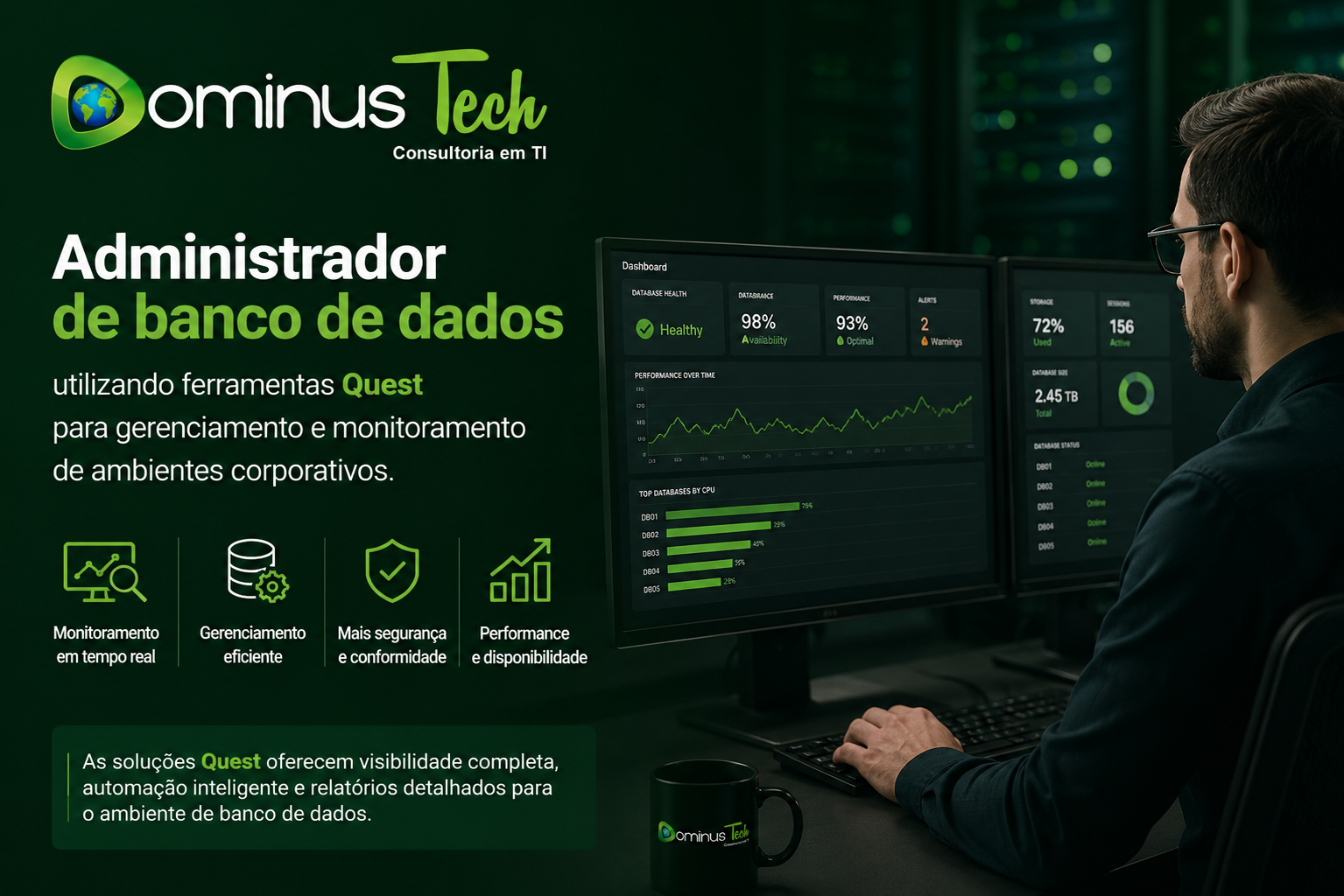 Administrador de banco de dados utilizando ferramentas Quest para gerenciamento, monitoramento e otimização de ambientes corporativos, com dashboards em tempo real e identidade visual da Dominus Tech.
