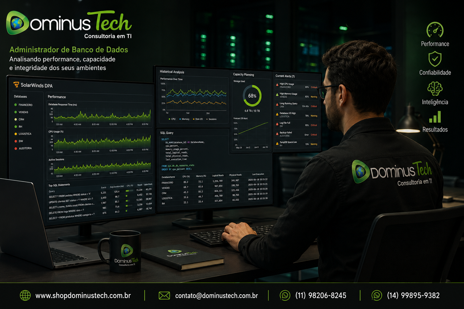 Administrador de banco de dados analisando dashboards do SolarWinds DPA com gráficos históricos de desempenho, consultas SQL, alertas de performance, indicadores de capacidade e monitoramento proativo em ambiente corporativo.