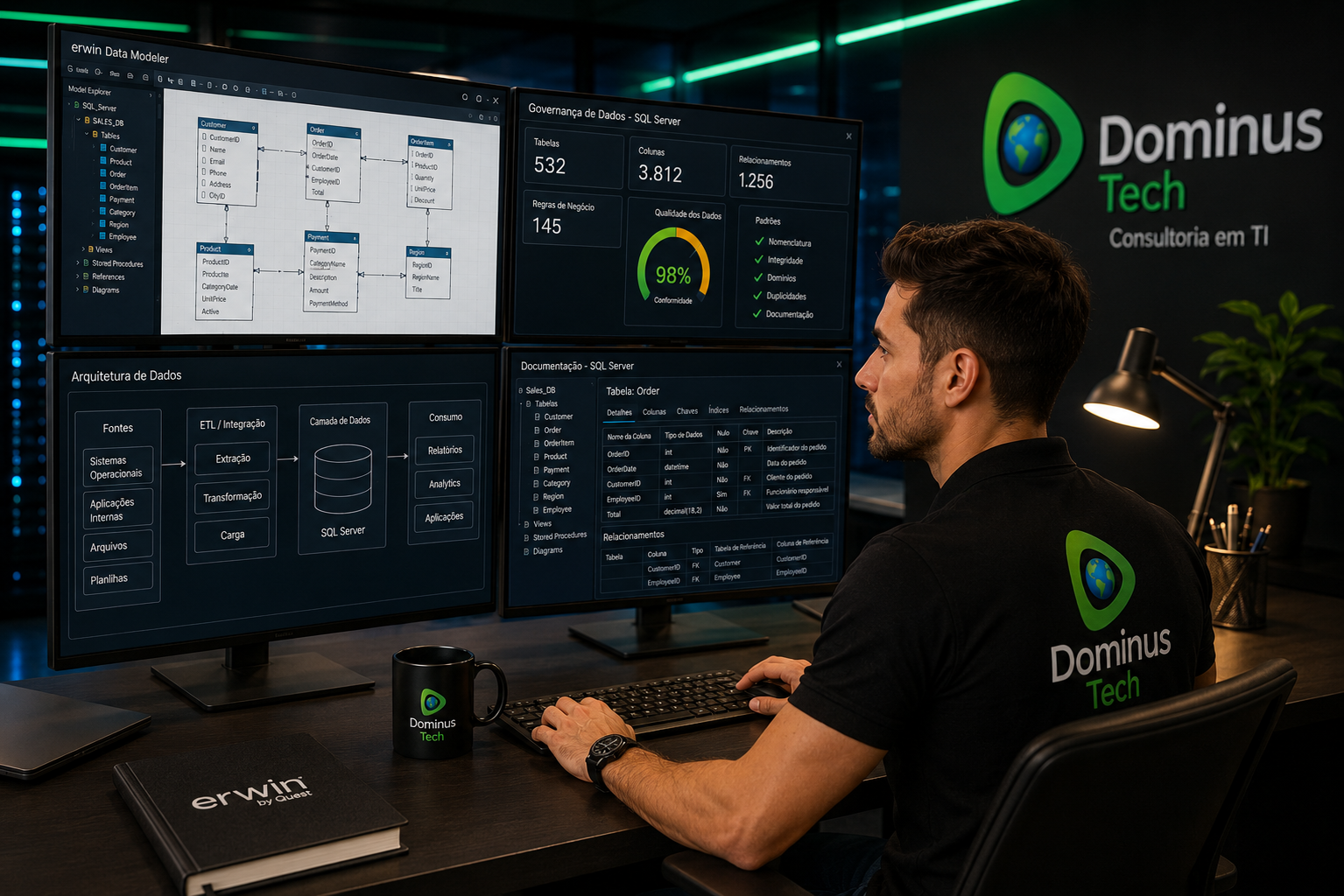 Administrador da Dominus Tech utilizando o Erwin Data Modeler by Quest para analisar modelos de dados SQL Server, diagramas ER, arquitetura de dados e dashboards de governança em monitores de alta resolução.
