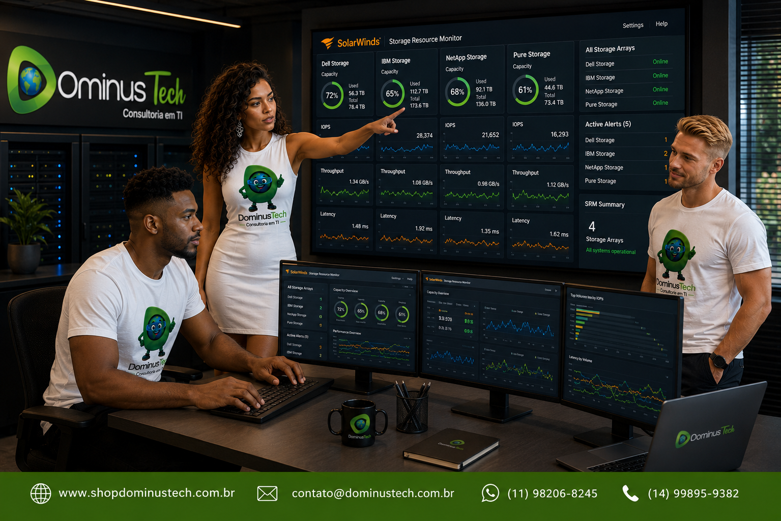 Administrador de infraestrutura da Dominus Tech acompanhando dashboards do SolarWinds Storage Resource Monitor (SRM) com métricas de capacidade, latência, IOPS e throughput para monitoramento de storages Dell, IBM, NetApp e Pure Storage em um Centro de Operações de TI (NOC).